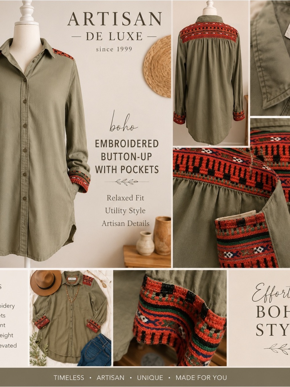 Artisan Olive Button-Down Top with Red Embroidered Accents
